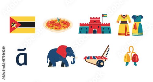 Mozambique cultural symbols and national emblems in a flat design collage