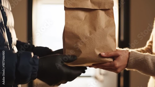 Courier in protective gloves hands a paper bag to a customer. Close-up of a food delivery service transaction at home. Contactless and safe delivery concept