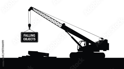 Crane lifting heavy objects with warning sign on construction site