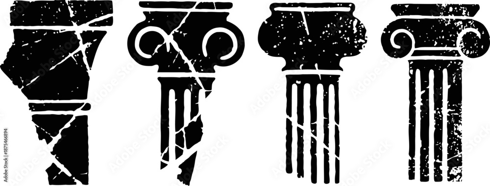 Obraz premium Four distressed vintage greek columns classic architectural details with cracks and wear texture