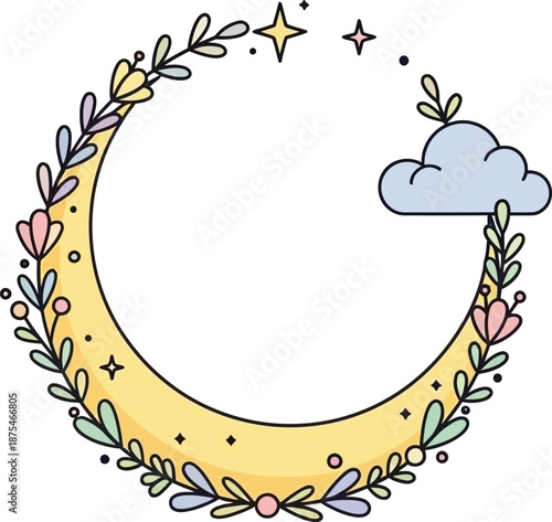Whimsical Crescent Moon Decorated with Flowers and Stars in a Dreamy Illustration