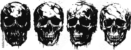Four black artistic skull illustrations with paint splatter and grunge texture in a row