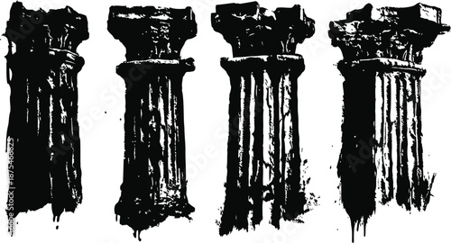 Grunge black ancient columns set vintage architectural pillars damaged texture illustration