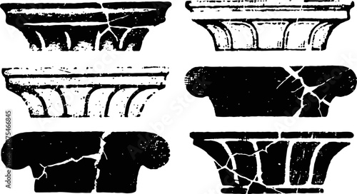 Ancient cracked architectural capitals collection, classical column tops design elements
