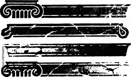 Vintage classical architectural column capitals and bases in black silhouette with distressed texture