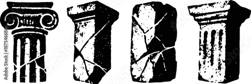 Ancient broken stone columns in different classical architectural styles silhouette isolated