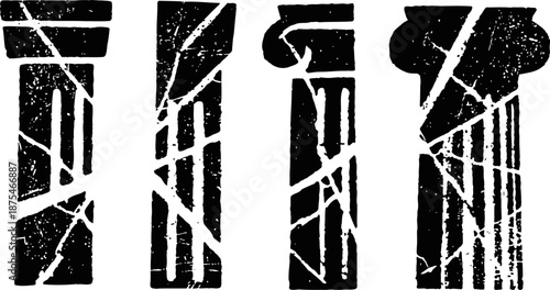 Grunge inner column designs with cracked and distressed textures in classical architectural styles