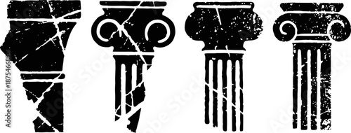 Four distressed vintage greek columns classic architectural details with cracks and wear texture