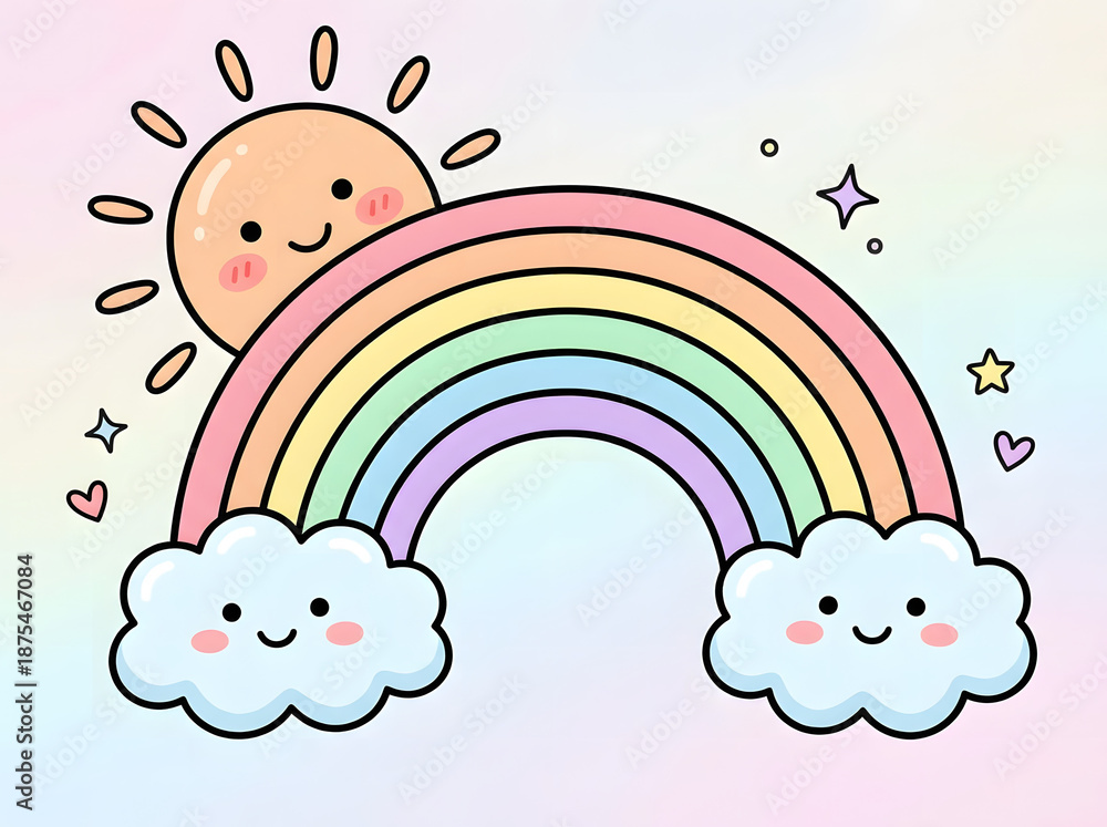 Fototapeta premium Charming illustration of a cheerful sun peeking over a vibrant pastel rainbow with adorable smiling clouds, symbolizing happiness, dreams, and a bright, whimsical outlook for children's designs