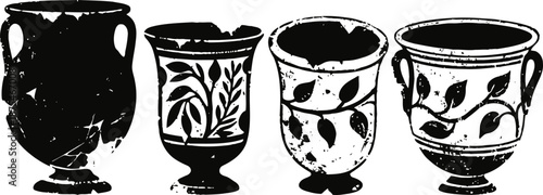 Set of four ancient greek ceramic vases with decorative floral patterns and handles