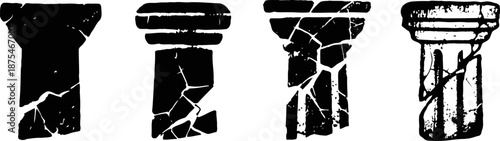 four cracked and weathered ancient columns in black and white silhouette