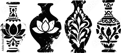 Four vintage floral vases with ornamental lotus and leaf patterns in black and white silhouette