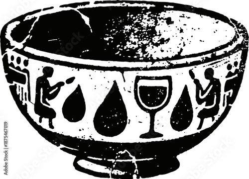 Ancient ceramic bowl with black figure decoration depicting figures and symbols