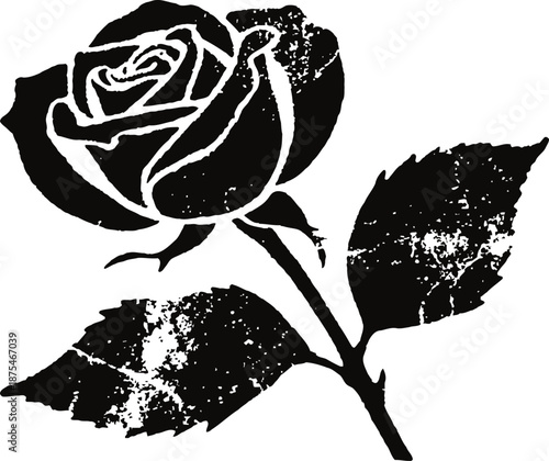 Black and white vintage rose illustration with textured leaves and detailed petals design
