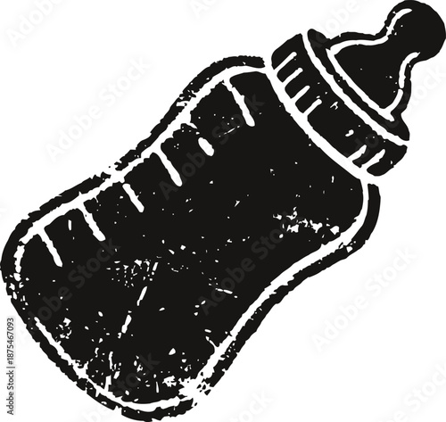 Vintage baby bottle illustration with nipple and measurement markings in black and white