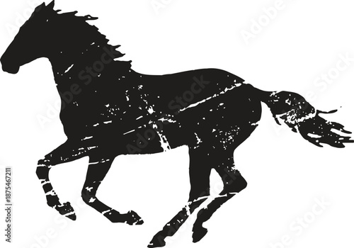 Black silhouette of a galloping horse with a distressed textured effect on white background