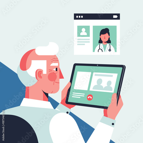 Elderly man using tablet for a virtual doctor consultation, telemedicine concept, remote healthcare services