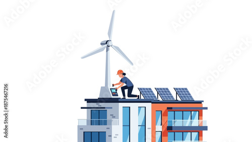 Modern building integrating renewable energy sources like solar panels and a wind turbine for sustainable power generation