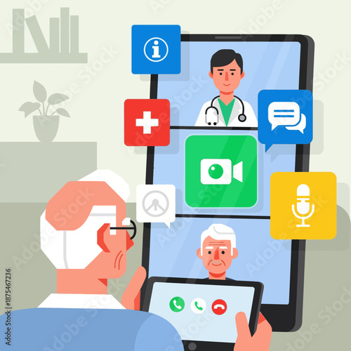 Elderly Man Engages in Telehealth Consultation via Tablet, Utilizing Digital Healthcare Services for Remote Medical Advice and Virtual Doctor Visits