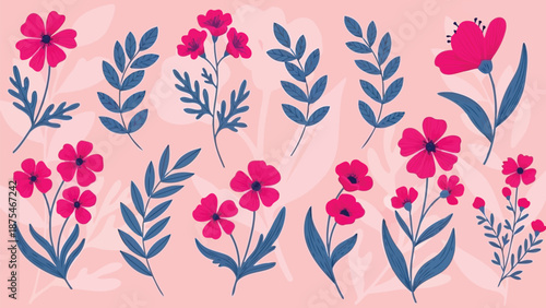 Pink hand drawn floral vector set with purple leaves and branches