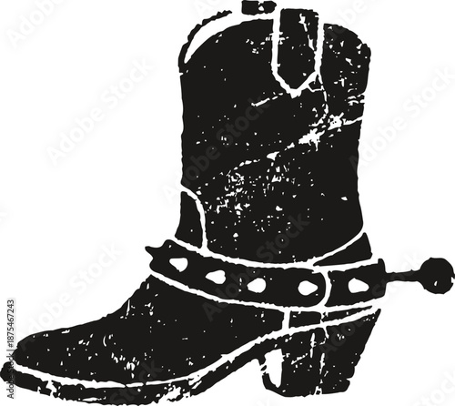 worn cowboy boot with spurs icon in vintage distressed illustration
