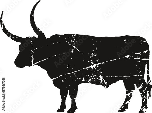 Silhouette of a longhorn cow with textured distressed grunge effect