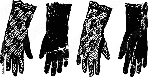 four black lace glove silhouettes with floral and geometric patterns