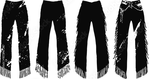 Black leather chaps with fringe detailing, western biker protective legwear