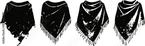 four black bandanas with fringes in different shapes and worn edges