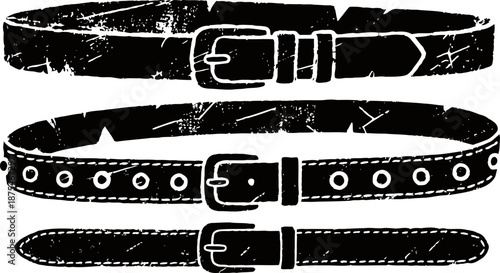 Three vintage leather belts with buckles in distressed black ink illustration