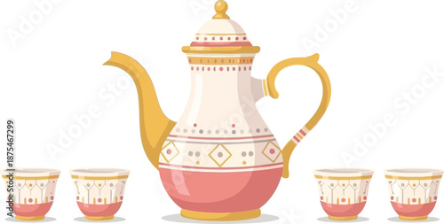Elegant traditional decorative teapot with matching cups set for serving tea in vibrant colors and