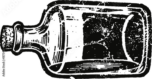 Vintage empty bottle with cork, hand drawn glass container illustration, old fashioned design