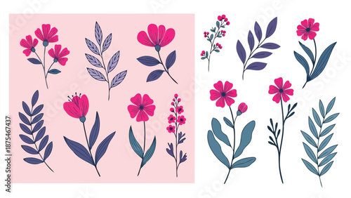 Bright pink wildflower vector collection with blue leaves and stems