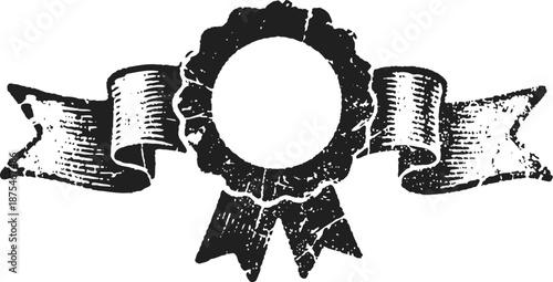 Vintage ribbon badge with rosette and flowing banner design element