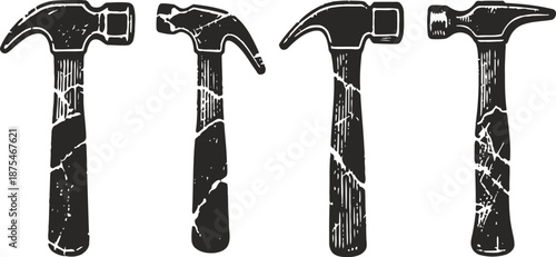 Vintage distressed black silhouette illustrations of four claw hammers with textured handles