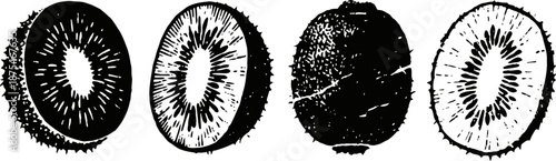 vintage illustration of whole and sliced kiwi fruit showing texture and seeds