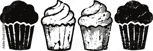 Vintage cupcake illustrations in black and white, hand drawn dessert collection with frosting and paper liners