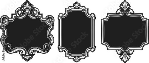 three vintage ornate victorian black frames with decorative floral and scrollwork borders