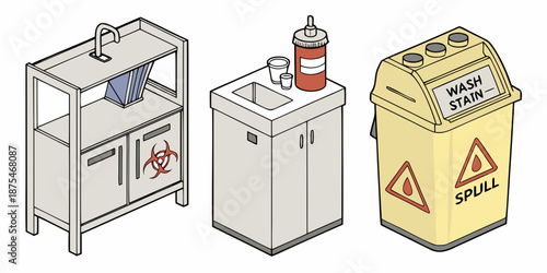 Hazmat cleanup and biohazard safety equipment icons for industrial and medical facilities