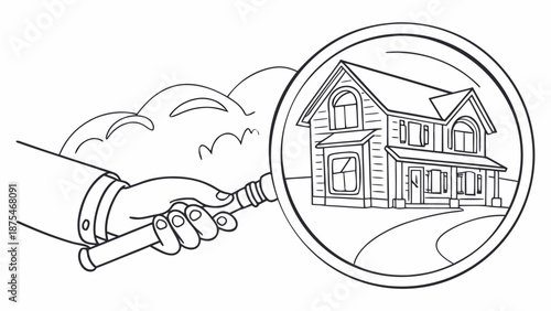 Close-up view of a house through a magnifying glass held by a hand