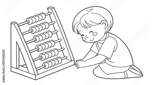 Young child happily learning to count with a wooden abacus in a bright, simple setting.