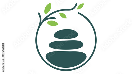 Minimalist logo with balanced stones and green leaves for tranquility and nature