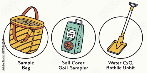 Environmental sampling and field research equipment icons for ecology and soil analysis