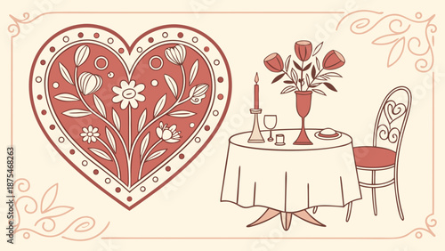 Romantic heart with floral design and set table for two, celebrating love and connection