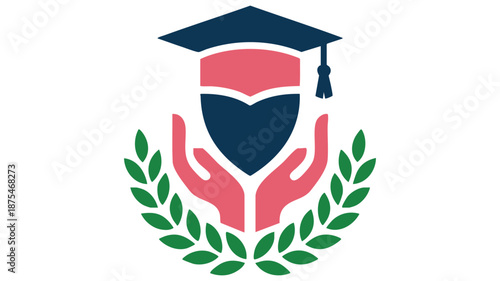 Educational support and academic shield emblem featuring graduation cap and helping hands
