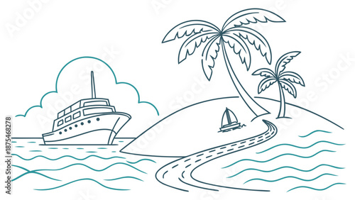 Tropical island getaway with cruise ship and sailboat on a sunny day.