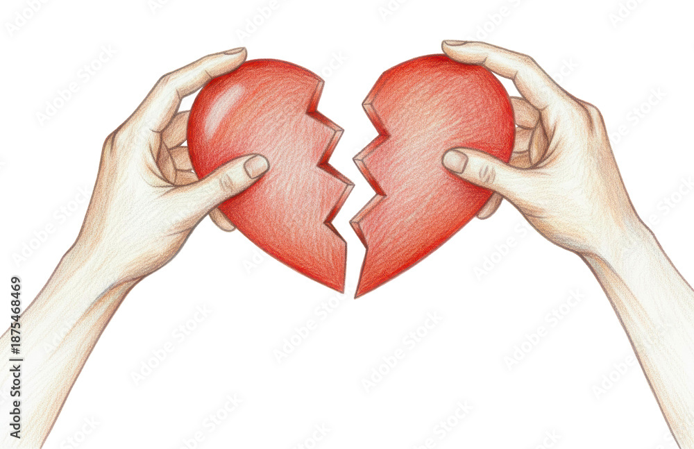 Obraz premium Hands Holding Two Halves Of Broken Red Heart illustrating concept of heartbreak and lost love with fingers pulling apart symbol of romance created in colored pencil style.