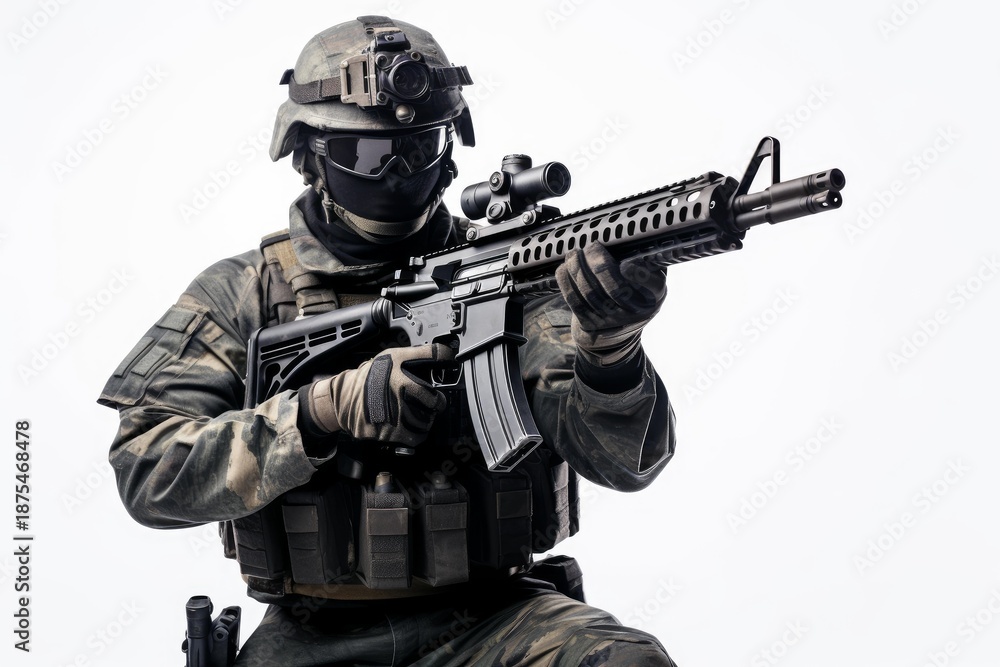 Fototapeta premium Military soldier in tactical gear holding a firearm on a white background