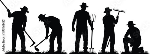 Set of black silhouettes of farmers working in field with tools like hoe, pitchfork and rake, vector illustration isolated on white background.