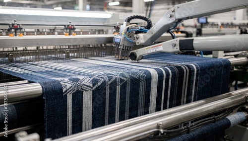 Medium shot of a robotic loom adjusting heddles and beams to create an intricate denim weave highlighting precision automation in textile manufacturing.